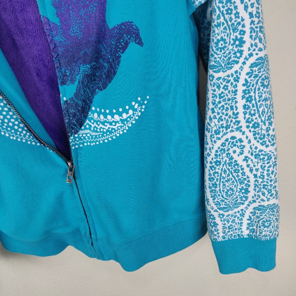 Lucky Brand Teal Purple Fuzzy Hoodie Paisley Bird - Picture 3 of 7